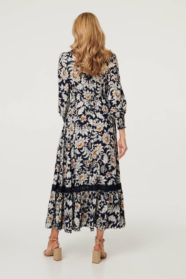 Izabel London Izabel London Women's Floral Long Sleeve Trim Maxi Dress in Navy - 3