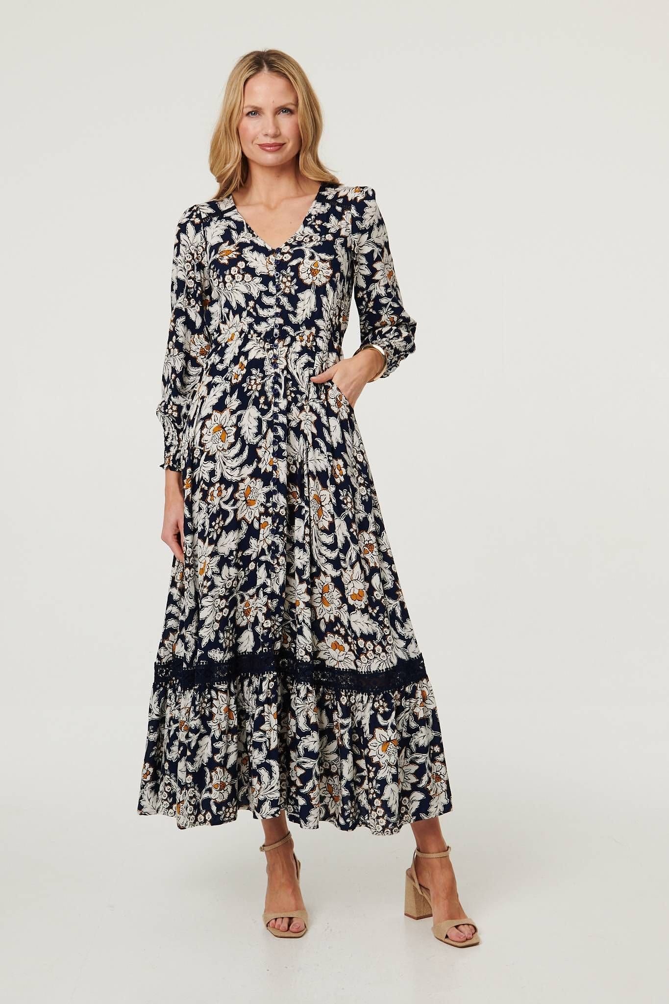 Izabel London Izabel London Women's Floral Long Sleeve Trim Maxi Dress in Navy - 4