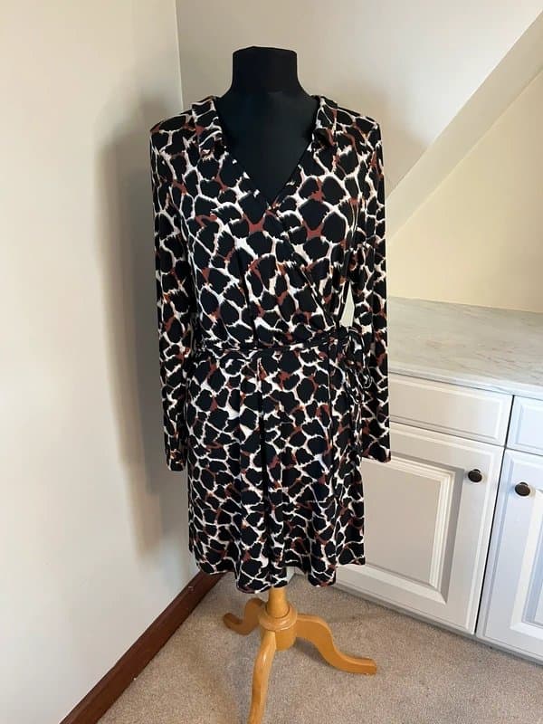 River Island River Island Black Brown White Leopard Print Wrap Tie Midi Dress Size 16
