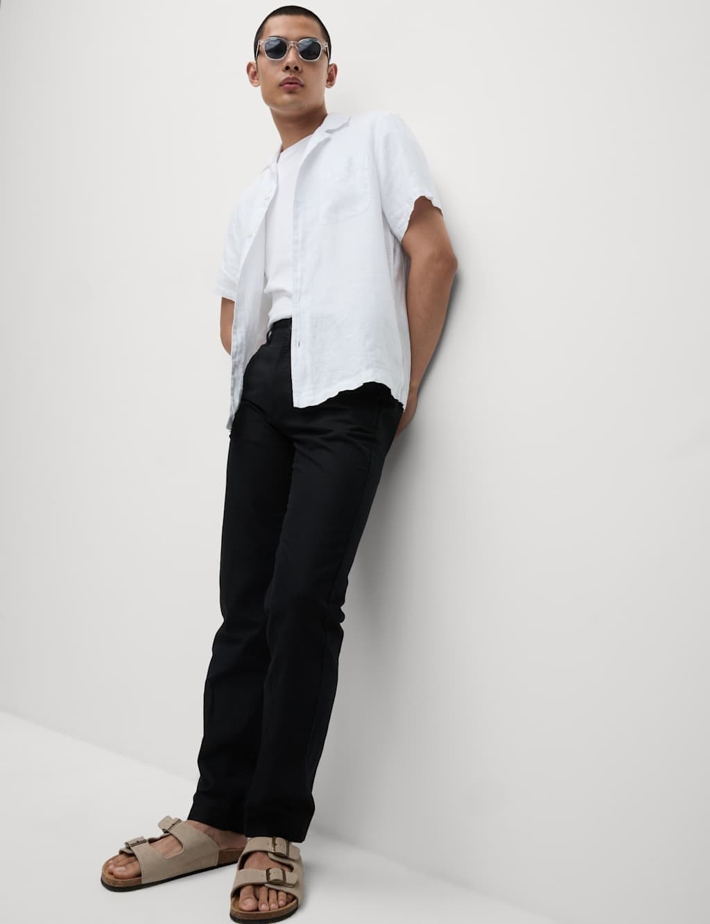 Marks & Spencer M&S Regular Fit Linen Blend Chinos Black