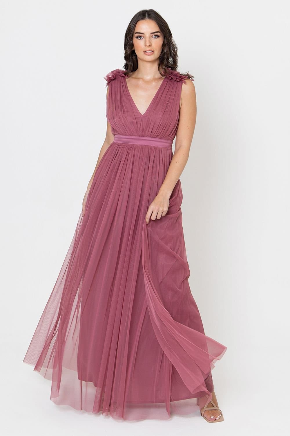 Maya Deluxe Maya Deluxe Women's Ruffle Shoulder Maxi Dress in Dark Pink
