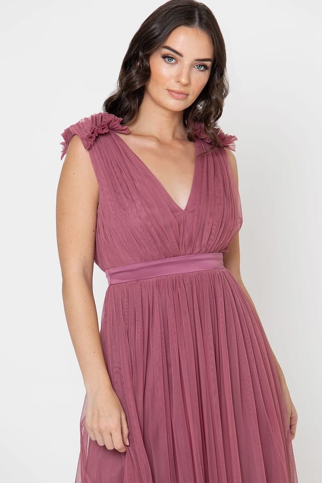 Maya Deluxe Maya Deluxe Women's Ruffle Shoulder Maxi Dress in Dark Pink - 2