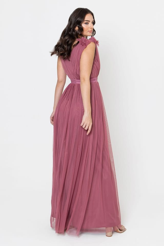 Maya Deluxe Maya Deluxe Women's Ruffle Shoulder Maxi Dress in Dark Pink - 3