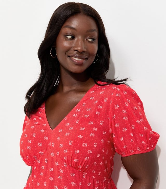 New Look Women's Plus Size Red Floral Short Sleeve Mini Dress Curves New Look - 2