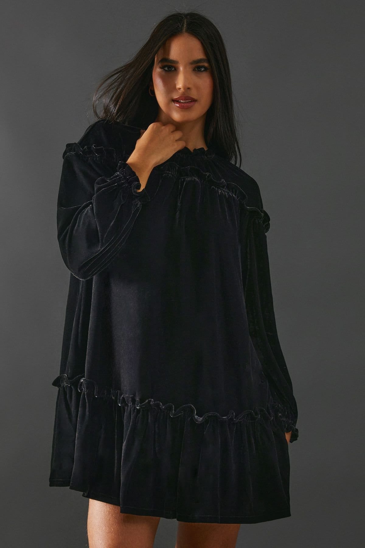 Warehouse Black Velvet Smock Tiered Dress