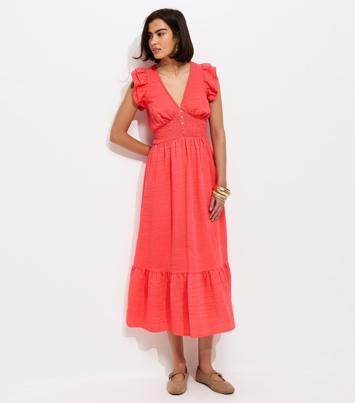 New Look Women's Dark Coral Ruffled Cap Sleeve Midi Dress New Look