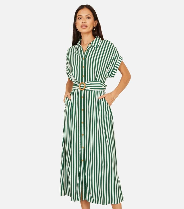 Yumi Women's Green Stripe Midi Shirt Dress Yumi New Look - 2