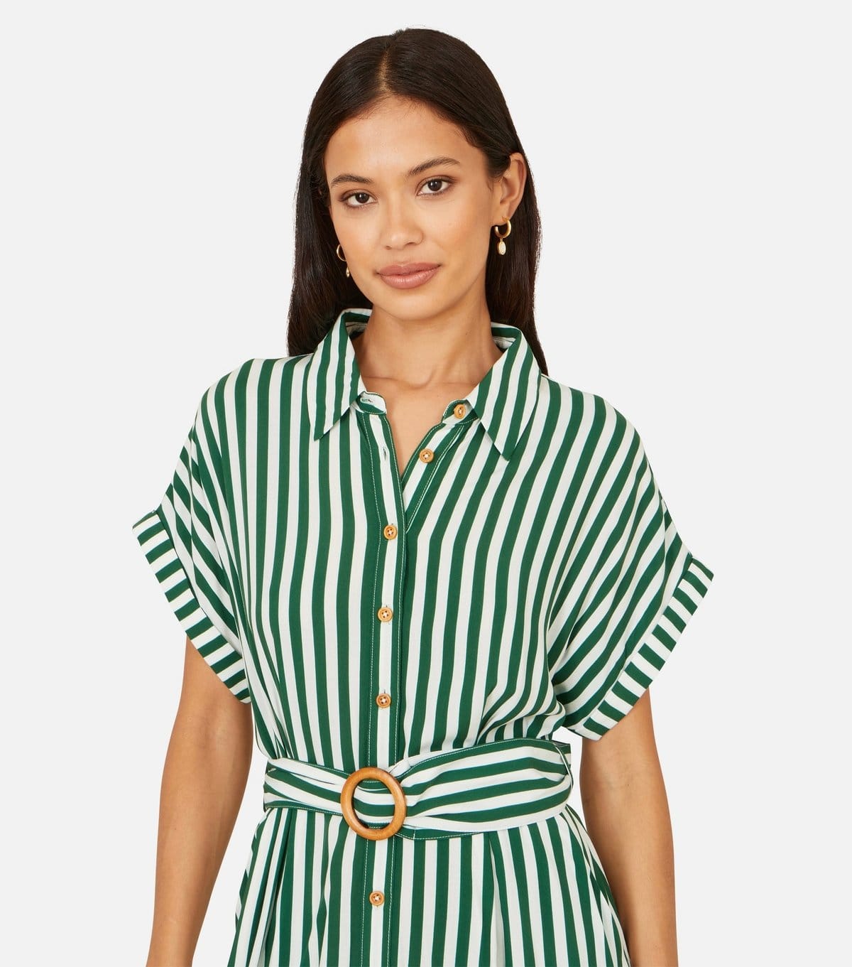 Yumi Women's Green Stripe Midi Shirt Dress Yumi New Look - 4