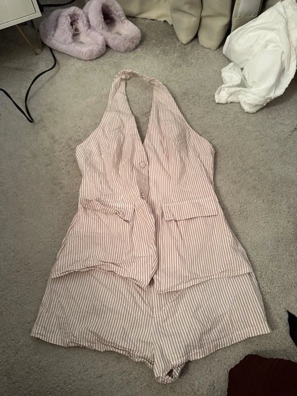 PLT Beige and cream halter neck backless playsuit