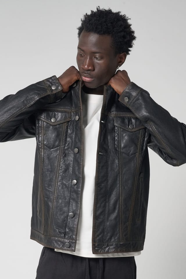 Barneys Originals Barneys Originals Men's Real Leather Trucker Jacket in Black - 3