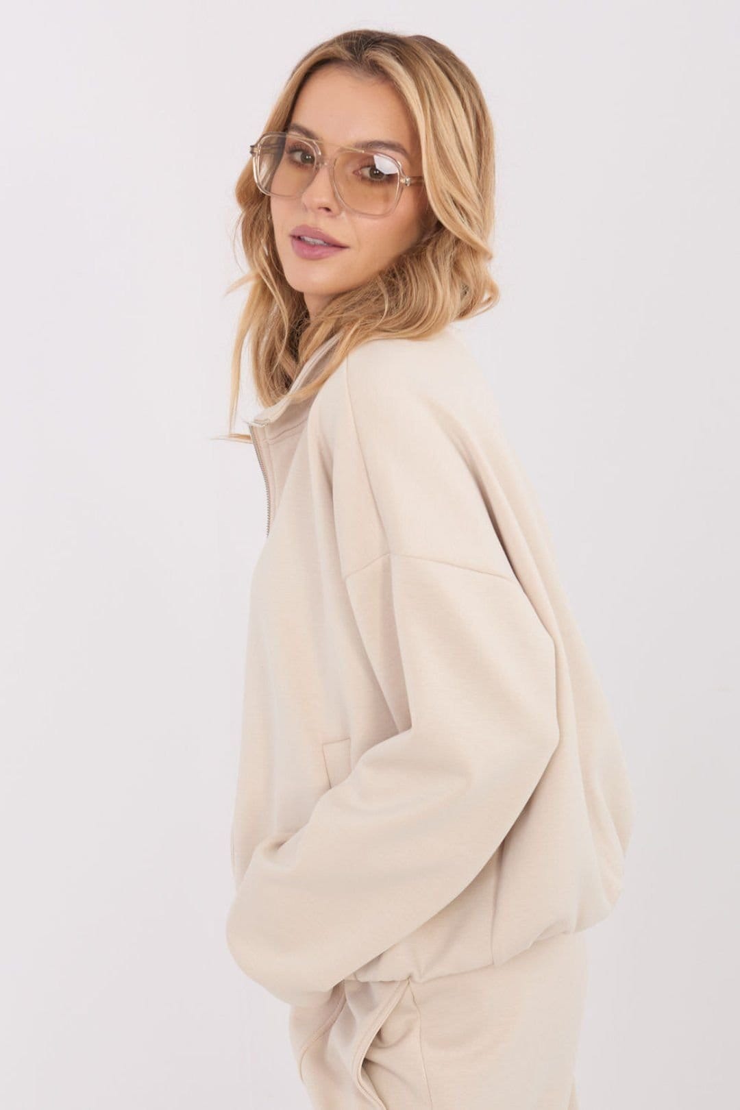 Love Lace Love Lace Women's Casual Zip Stand Collar Pocket Blouse in Beige - 4