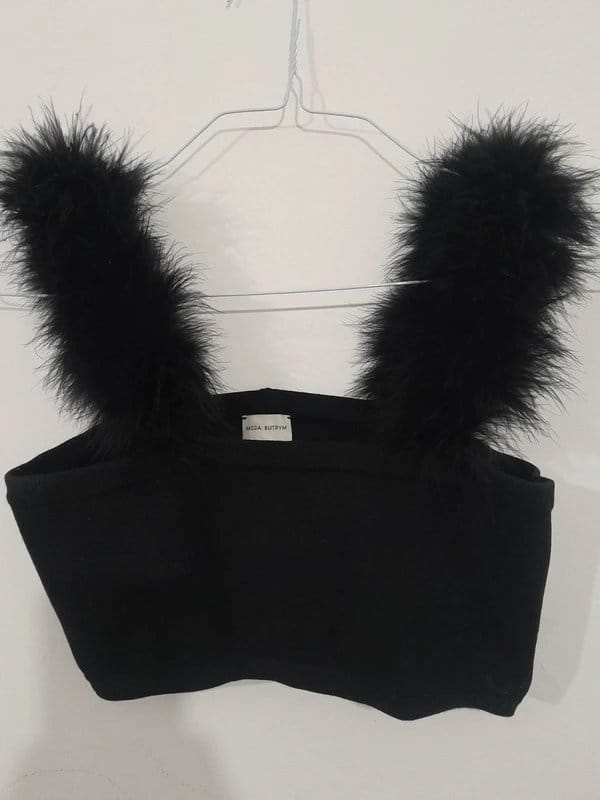 Magda Butrym Black Feather-Trimmed Knitted Top