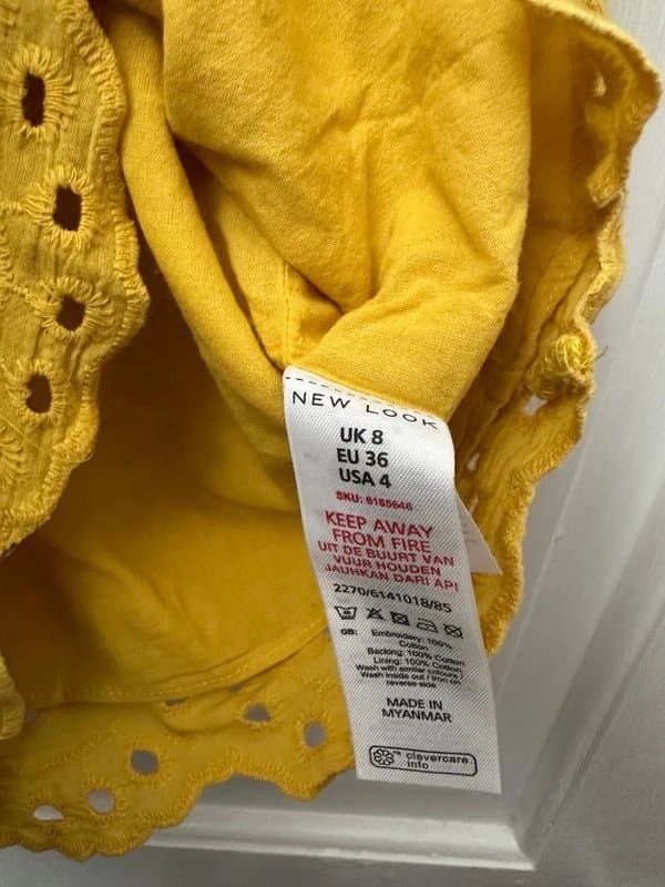 New Look Ladies New Look Embroidered Cami Top / Size 8 / Yellow / 100% cotton / VGC