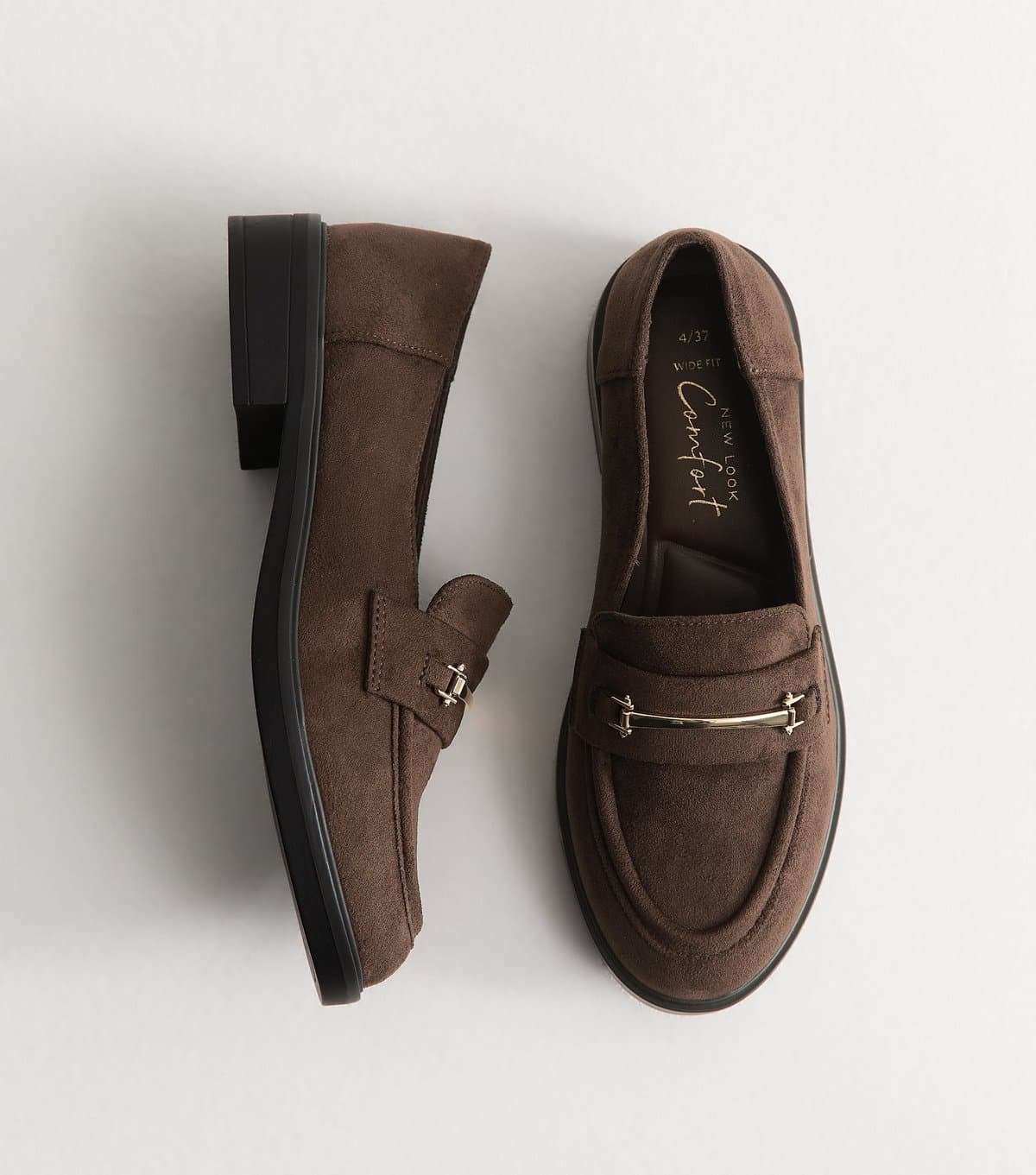 New Look Women's Wide Fit Dark Brown Faux Suede Metallic Strap Loafers Vegan New Look