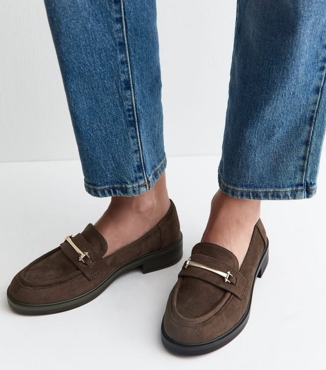 New Look Women's Wide Fit Dark Brown Faux Suede Metallic Strap Loafers Vegan New Look - 2