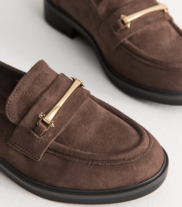 New Look Women's Wide Fit Dark Brown Faux Suede Metallic Strap Loafers Vegan New Look - 3