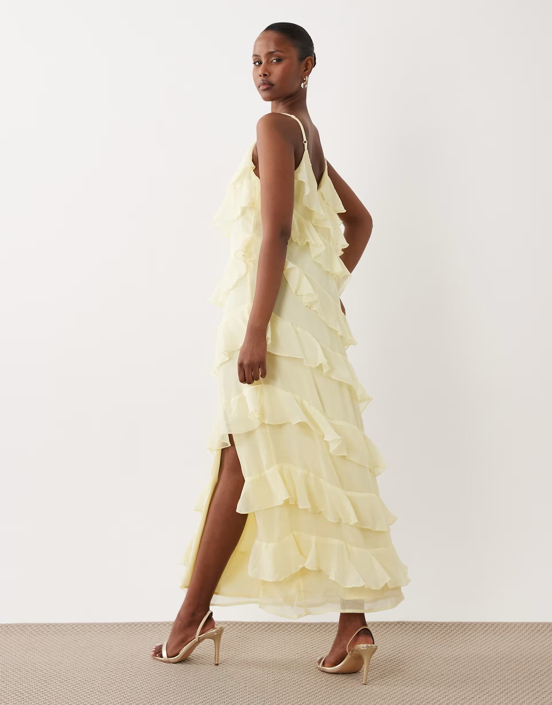 ASOS Vila ruffle cami maxi dress with leg split in pastel yellow