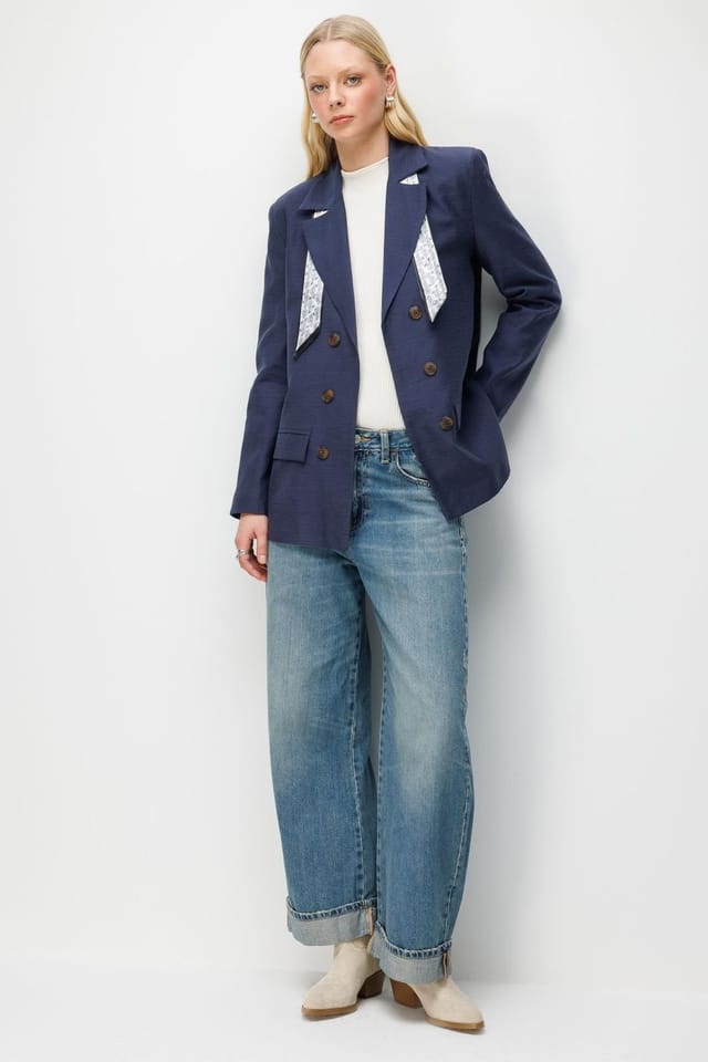 MixRay MixRay Women's Linen Blazer Jacket with Scarf Detail in Navy - 2