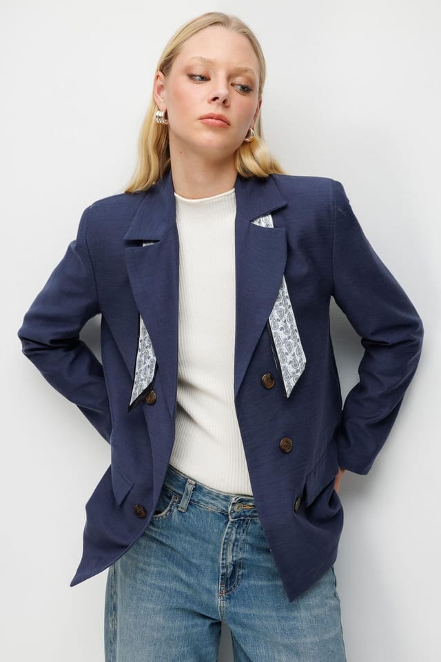 MixRay MixRay Women's Linen Blazer Jacket with Scarf Detail in Navy - 3