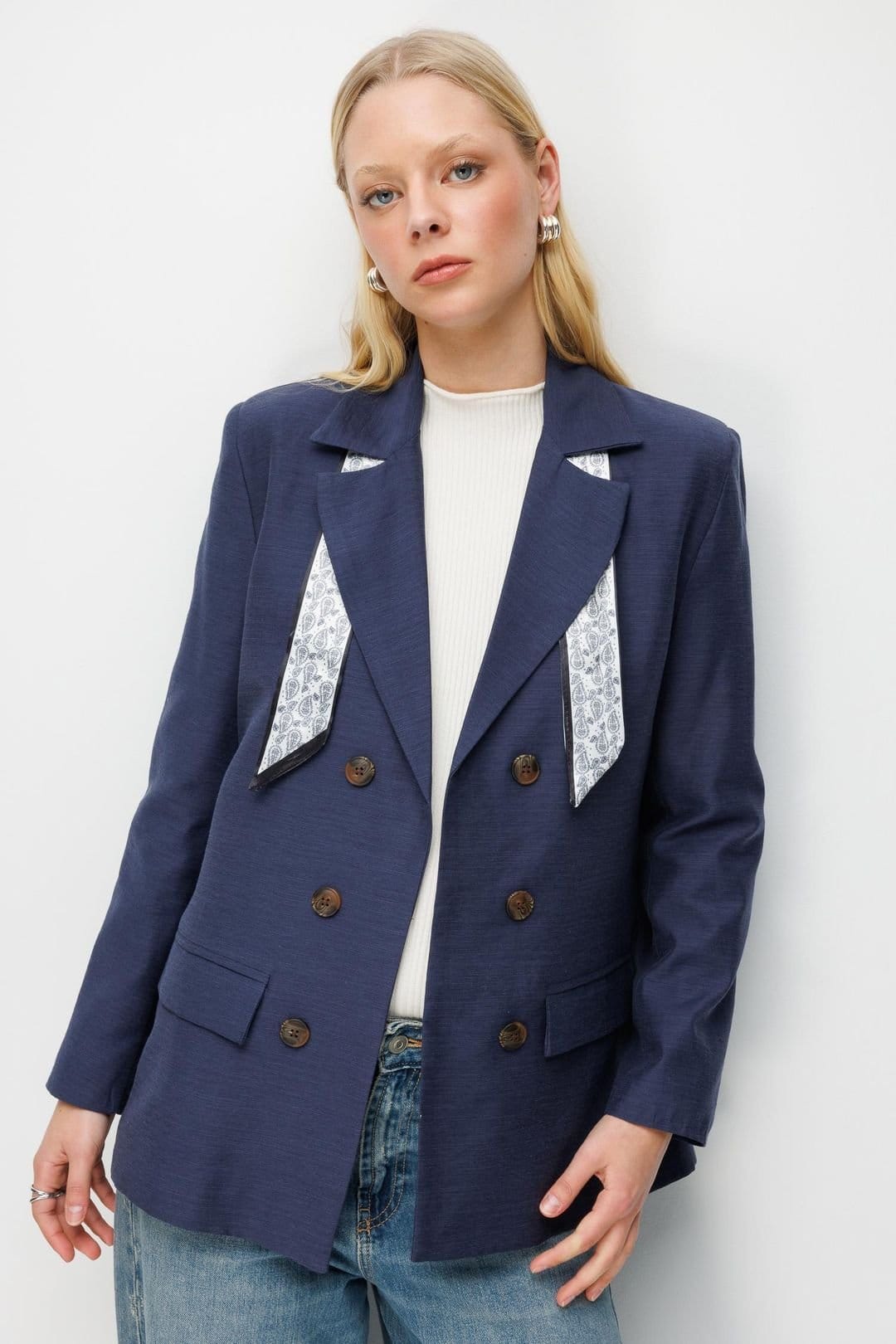 MixRay MixRay Women's Linen Blazer Jacket with Scarf Detail in Navy - 4