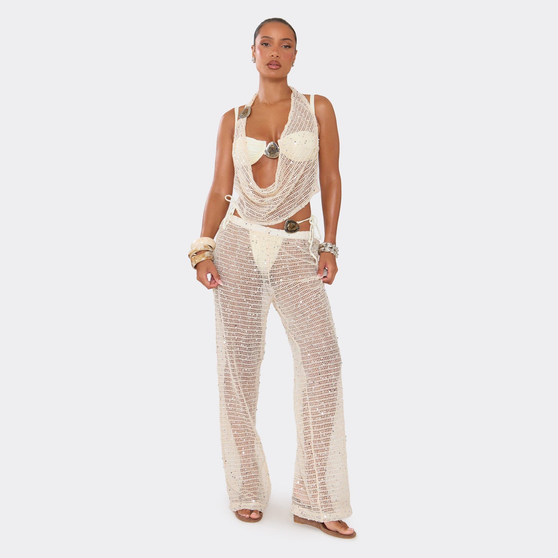 EGO Straight Leg Trousers In Cream Sequin, Women's Size UK 6