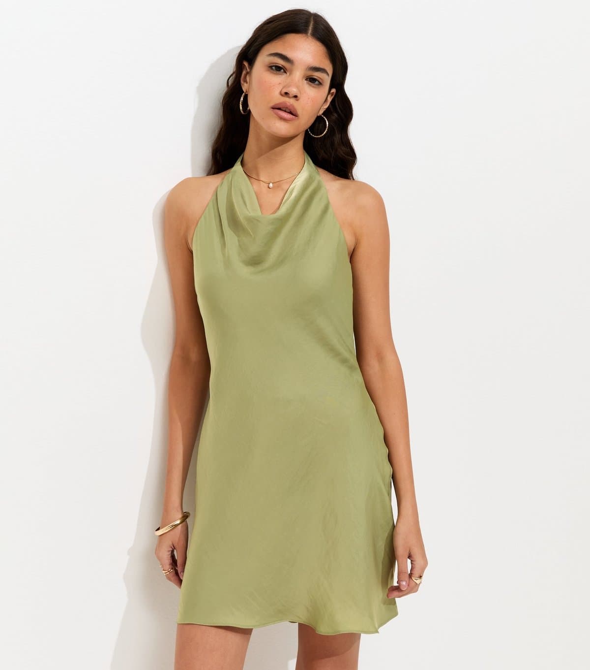 New Look Women's Light Green Satin Halter Neck Cowl Neck Mini Dress New Look