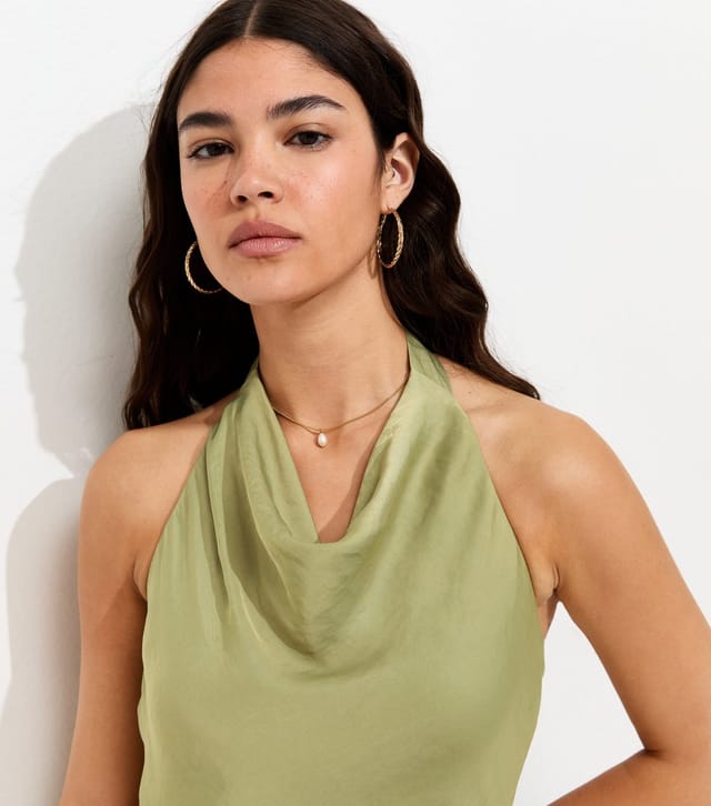 New Look Women's Light Green Satin Halter Neck Cowl Neck Mini Dress New Look - 3