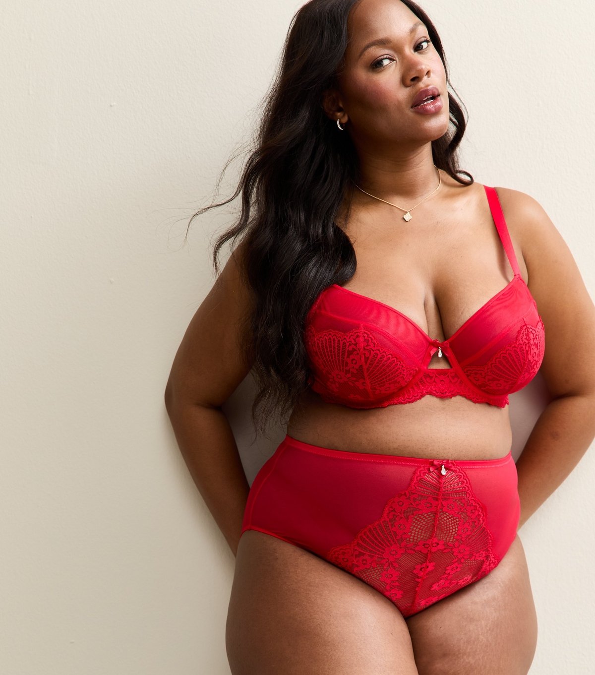 New Look Women's Plus Size Red Floral Lace Panel Mesh High Waisted Briefs Curves New Look - 1