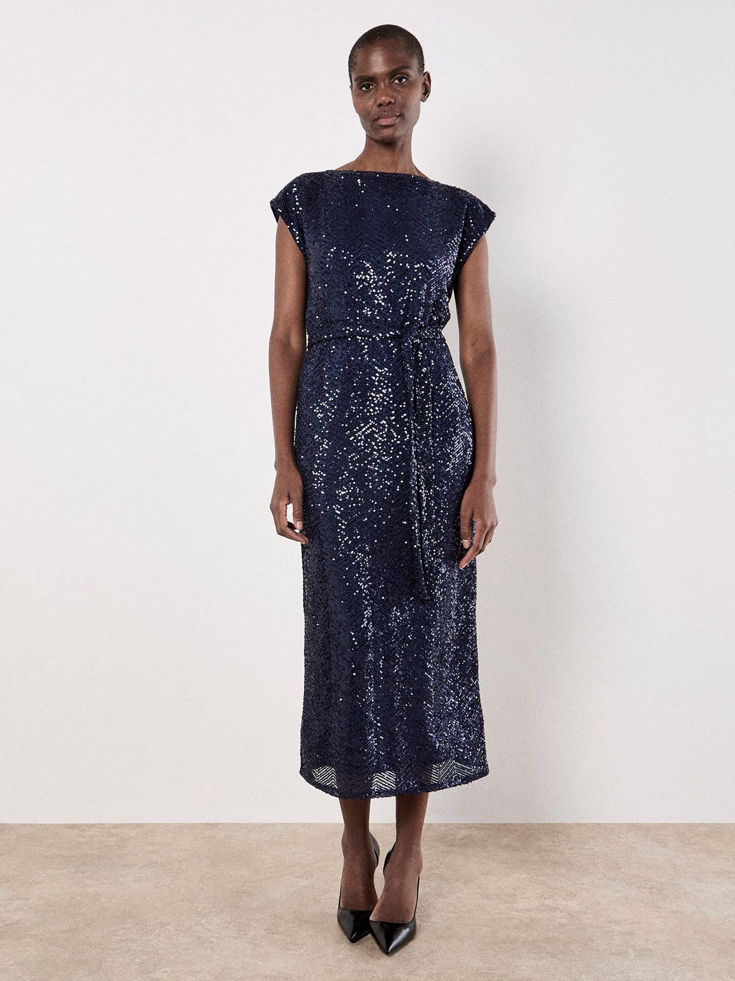 Apricot Apricot Women's Chevron Sequin Midi Dress in Navy