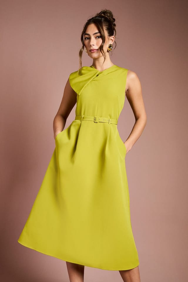 Coast Coast Women's Bow Detail Belted Crepe Midi Dress in Acid Lime - 2