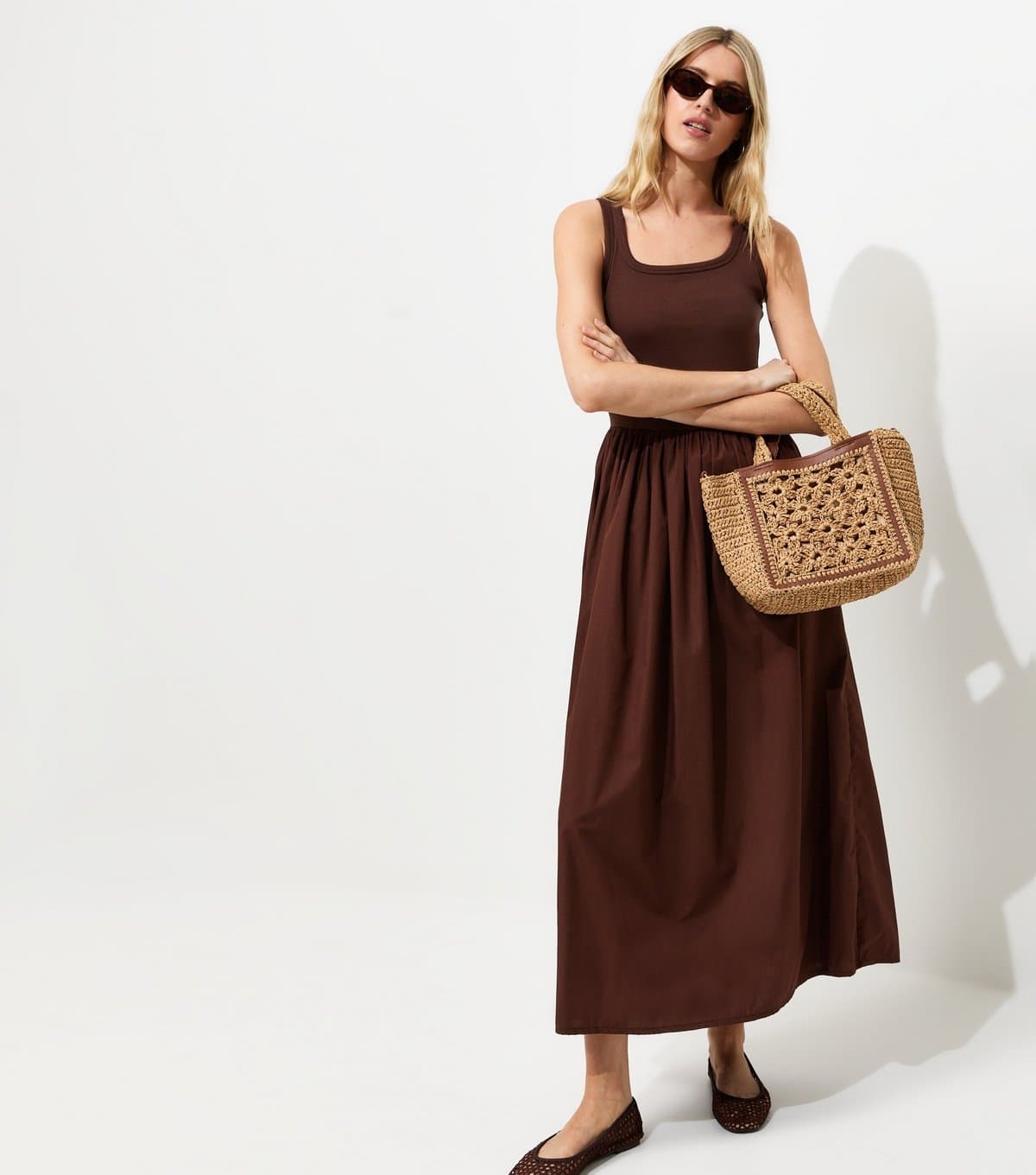 New Look Women's Tall Dark Brown Cotton 2 In 1 Poplin Midi Dress New Look