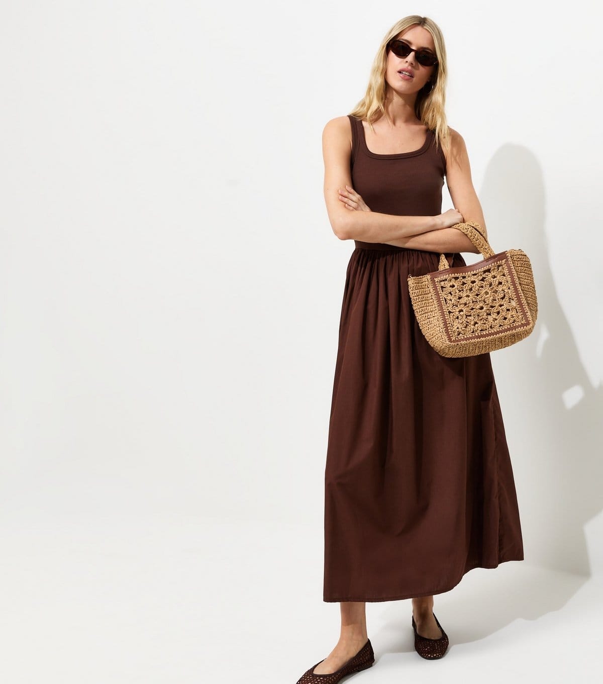 Women's Tall Dark Brown Cotton 2 In 1 Poplin Midi Dress New Look
