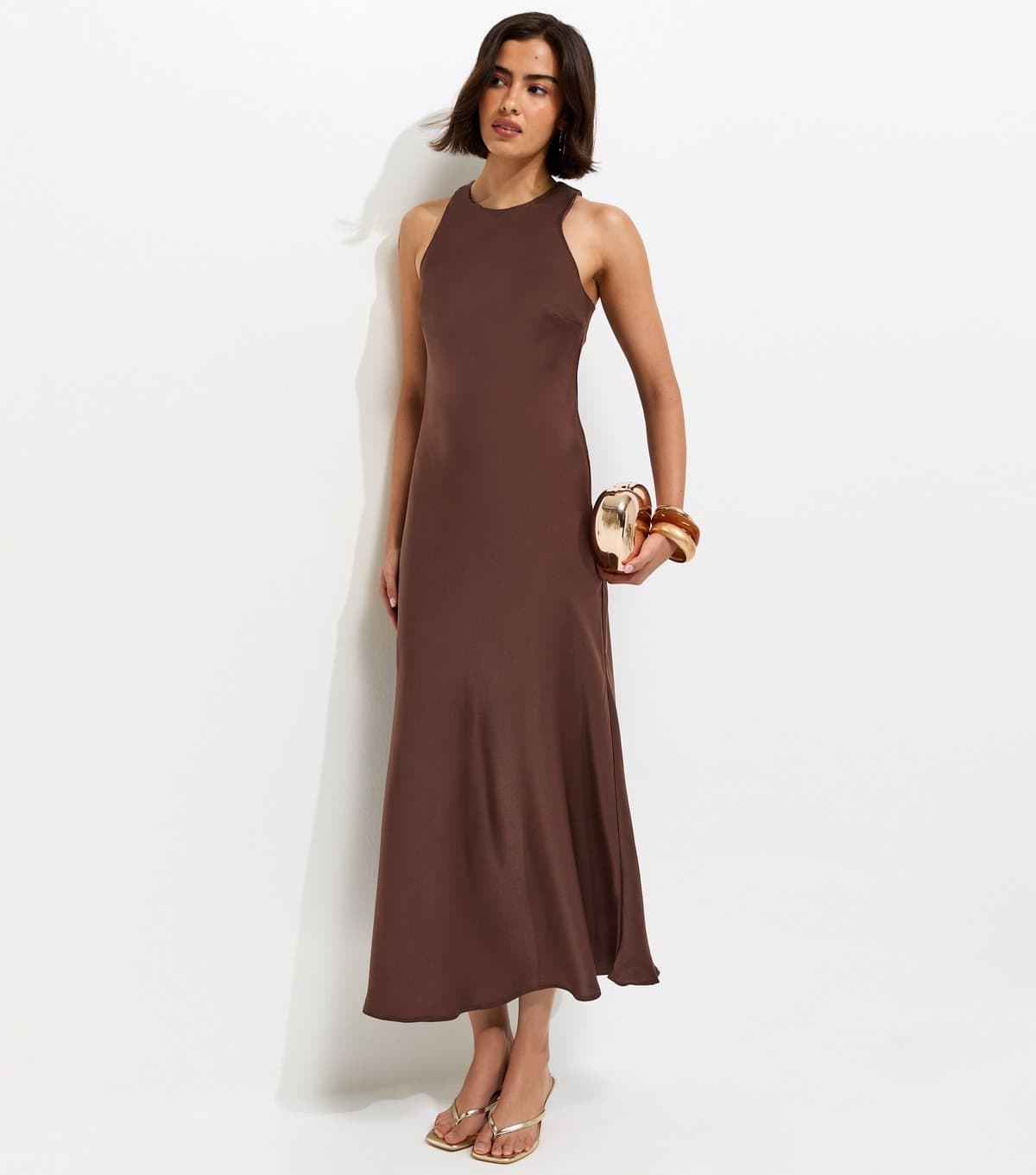 New Look Women's Dark Brown Satin High Neck Maxi Dress New Look
