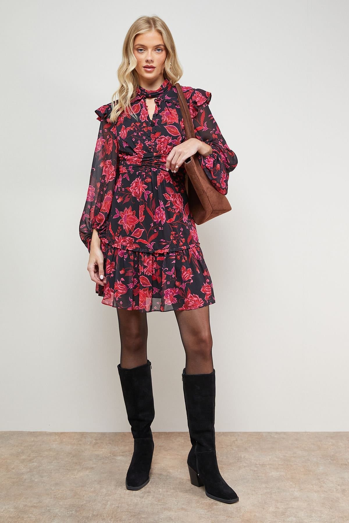 Oasis Oasis Women's Printed Ruched High Neck Mini Fit & Flare Dress in Floral