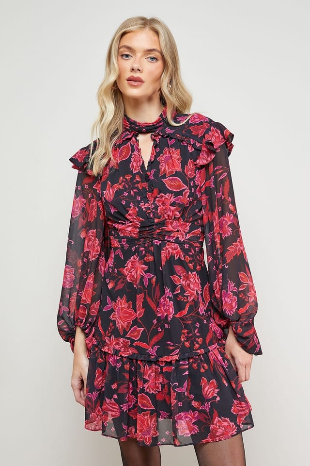 Oasis Oasis Women's Printed Ruched High Neck Mini Fit & Flare Dress in Floral - 2