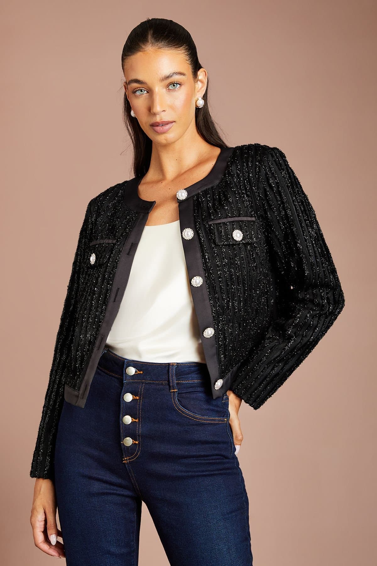 Coast Coast Women's Textured Button Detail Jacket in Black
