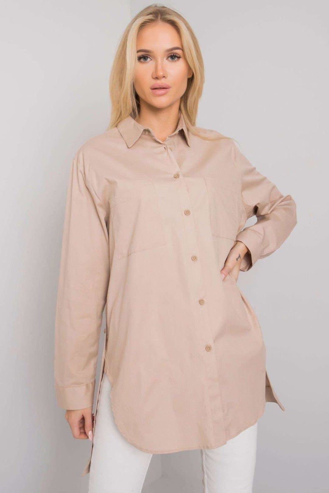 Love Lace Love Lace Women's Extended Cut Buttoned Cotton Long Sleeve Shirt in Beige