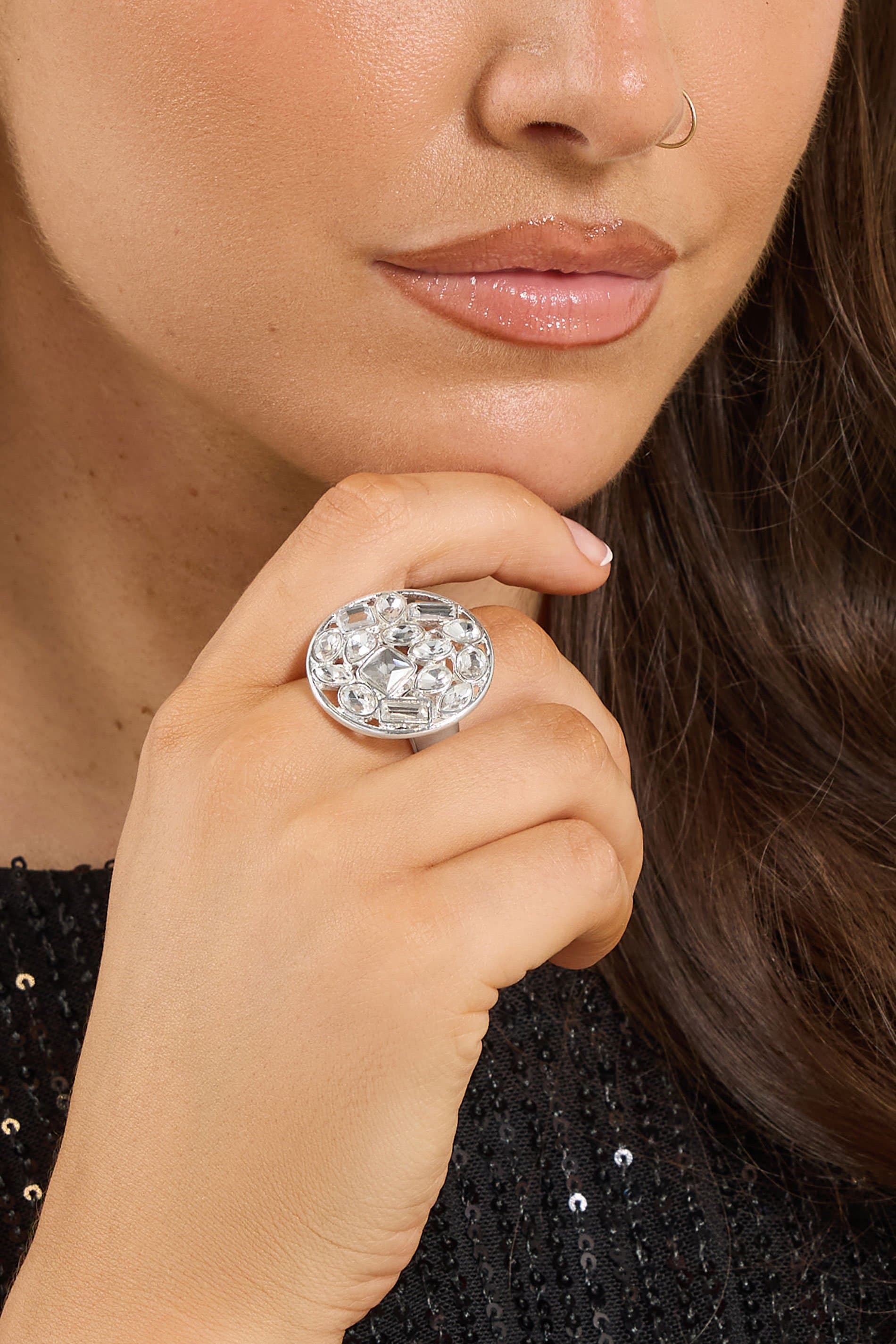 Yours Silver Tone Statement Crystal Stretch Ring