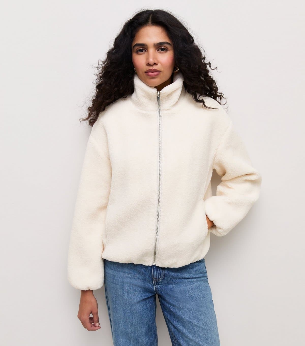 New Look Women's Cream Borg Texture Zip Front Jacket New Look
