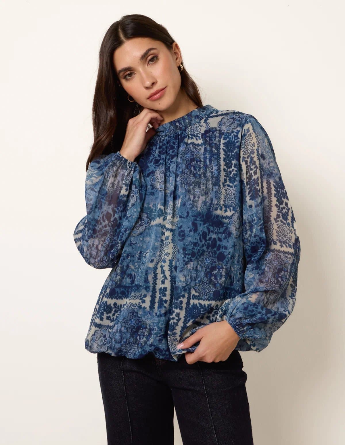 Blue Vanilla High Neck Paisley Print Puffball Top