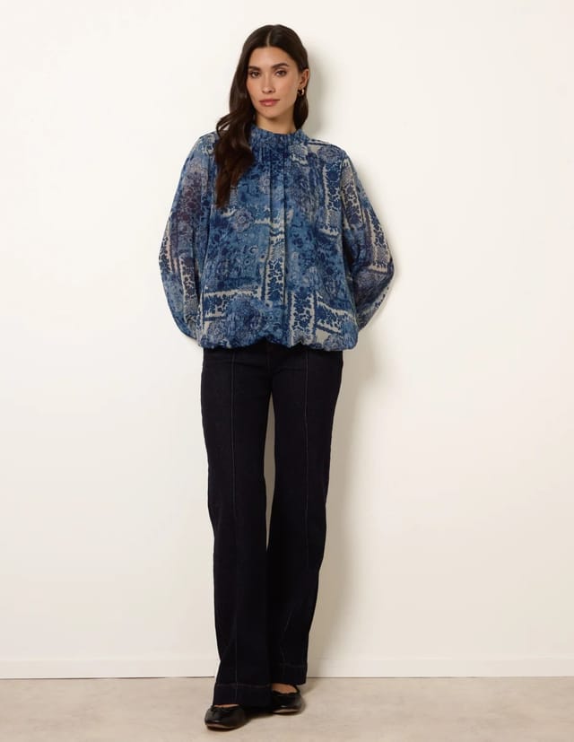 Blue Vanilla High Neck Paisley Print Puffball Top - 2