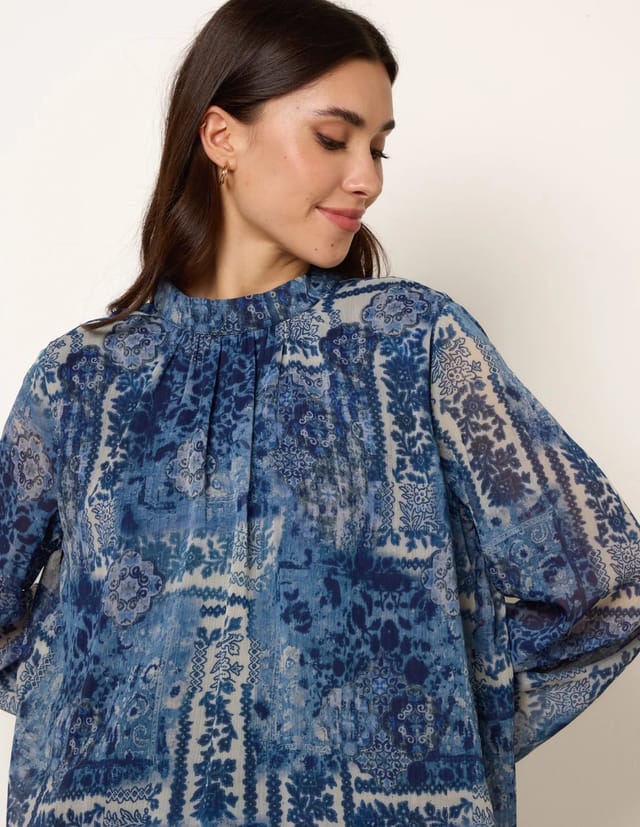 Blue Vanilla High Neck Paisley Print Puffball Top - 3