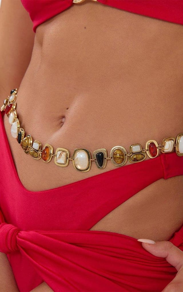 EGO Multi Gem Detail Bellt Chain Belt In Gold, Women's Size UK 0 - 2