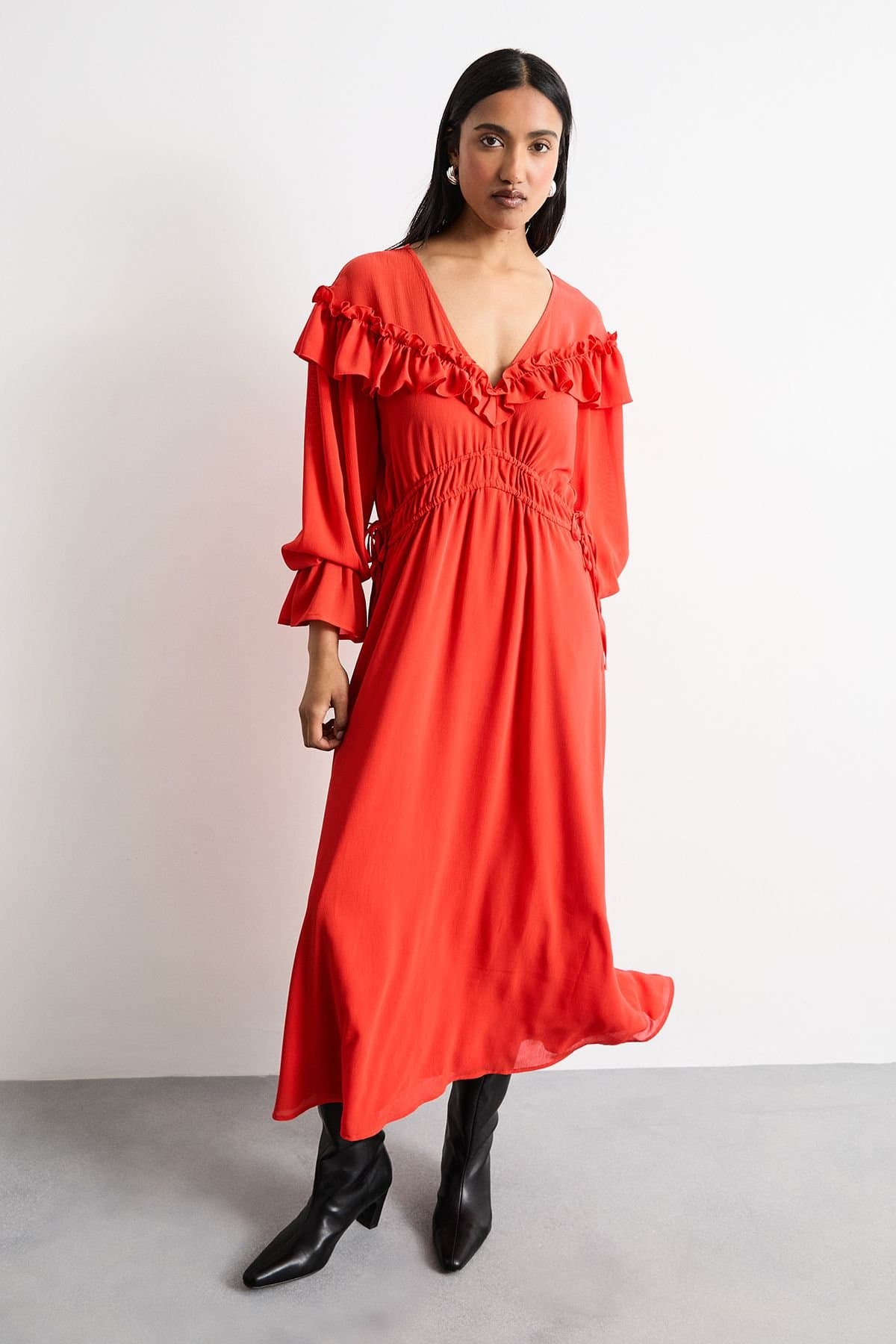 Warehouse Warehouse Women's Ruffle Shoulder Detail V Neck Boho Maxi Dress in Red
