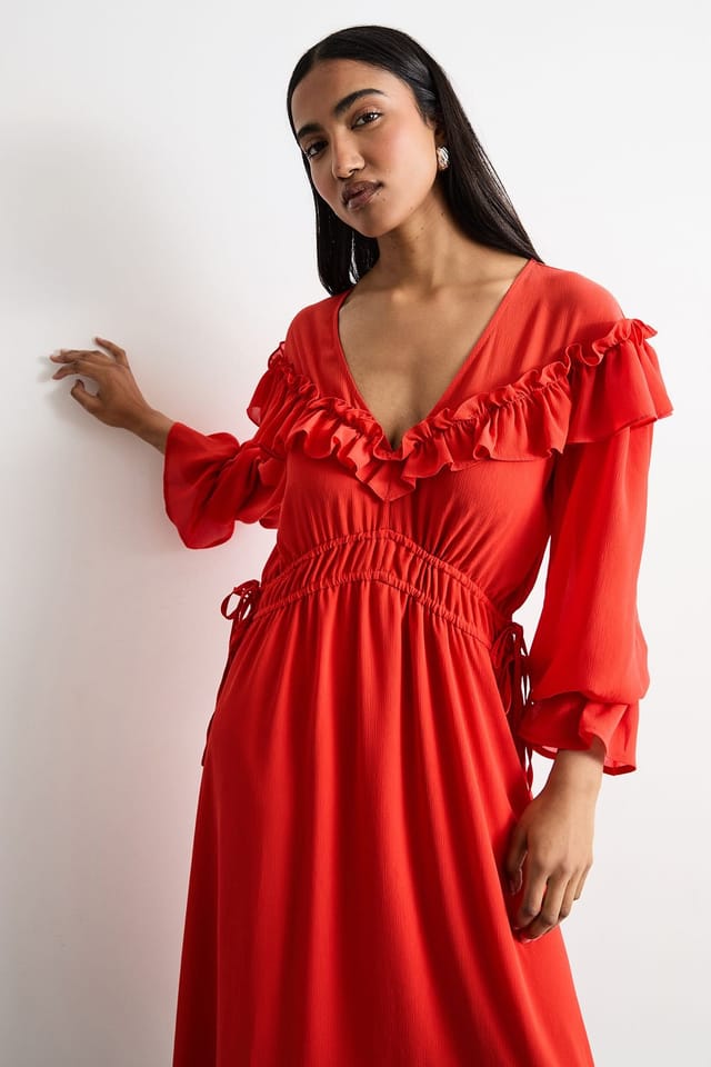 Warehouse Warehouse Women's Ruffle Shoulder Detail V Neck Boho Maxi Dress in Red - 2
