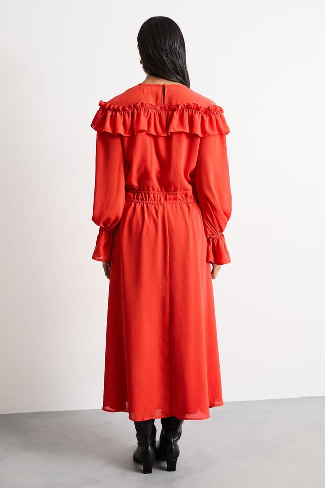 Warehouse Warehouse Women's Ruffle Shoulder Detail V Neck Boho Maxi Dress in Red - 3