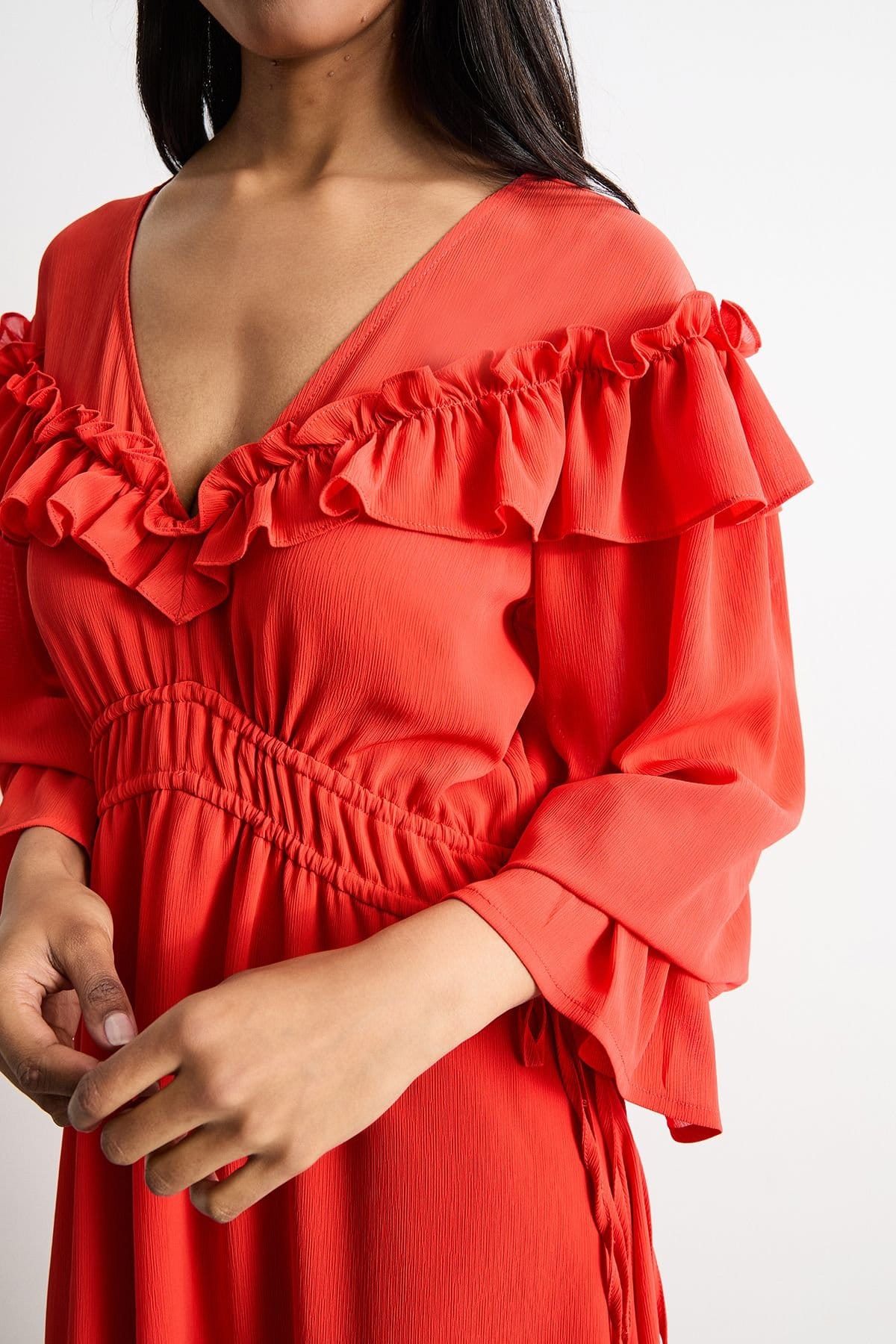 Warehouse Warehouse Women's Ruffle Shoulder Detail V Neck Boho Maxi Dress in Red - 4