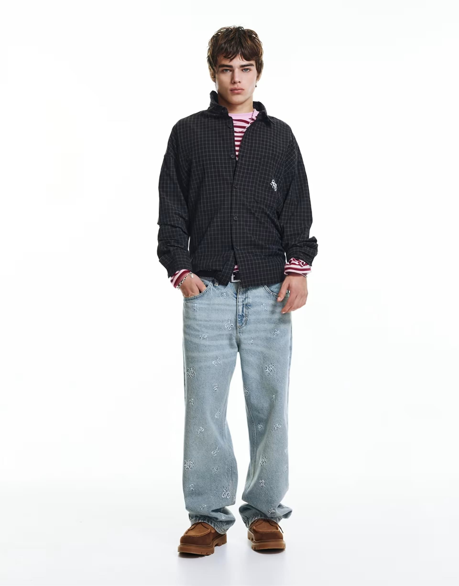 ASOS Pull&Bear Stwd embroidered baggy jeans in pale indigo