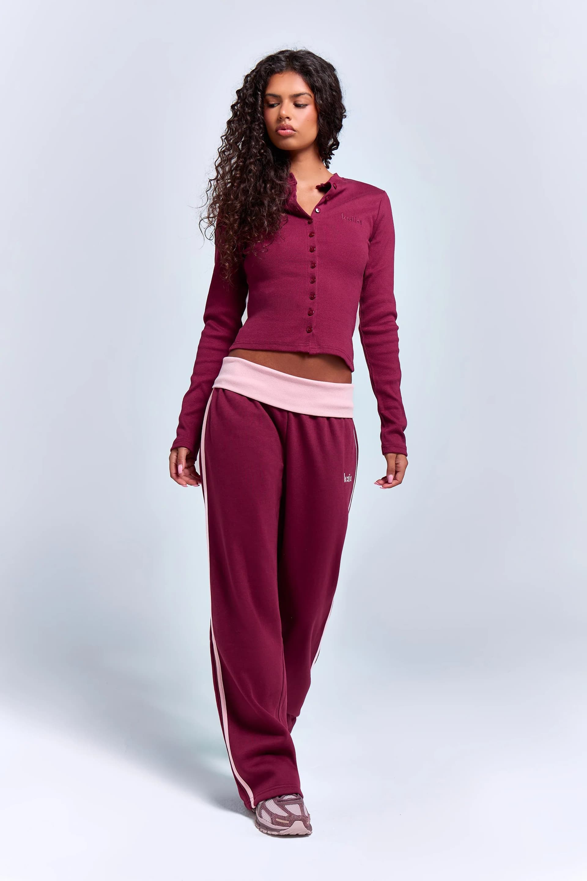 Kaiia Kaiia Striped Foldover Wide Leg Joggers Burgundy & Pink Chai