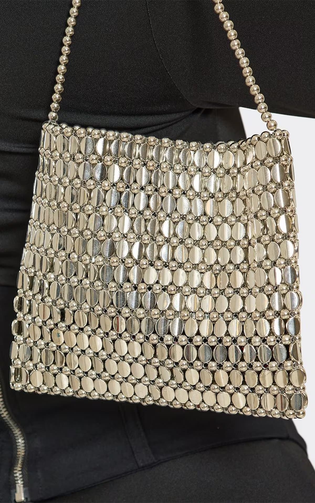 EGO Ezra Bead Detail Mini Grab Bag In Silver Sequin, Women's Size UK 0